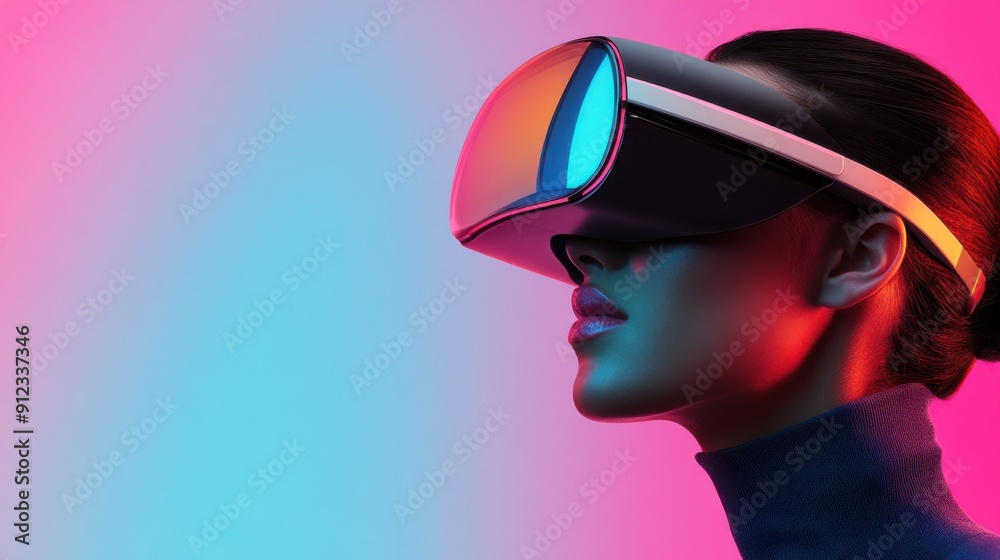 Profile of a woman wearing a VR headset, illuminated by pink and blue lighting, representing futuristic technology. Profile of a woman wearing a VR headset, illuminated by pink and blue lighting, representing futuristic technology.