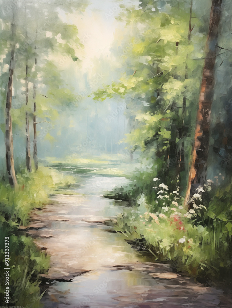 Obraz premium Calm forest stream flowing through lush greenery