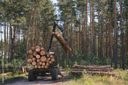 Tractor works in the forest. Timber harvesting