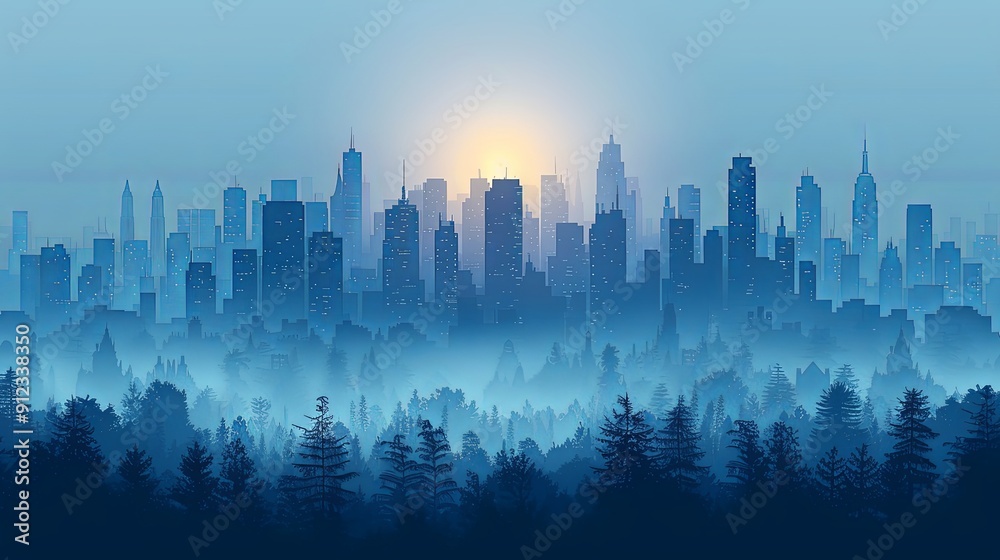 Naklejka premium vector, illustration, flat, Seamless silhouette of the city. Cityscape with buildings. Simple blue background. Urban landscape. Beautiful template. Modern city with layers. Flat style vector illustrat