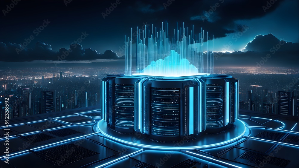 Obraz premium A futuristic cityscape with a large blue structure in the center