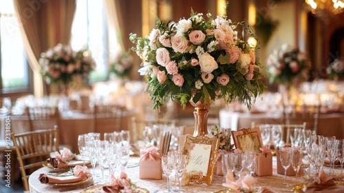 A wedding reception setup with elegant floral arrangements, beautifully wrapped favors, and a luxurious table setting in a romantic venue
