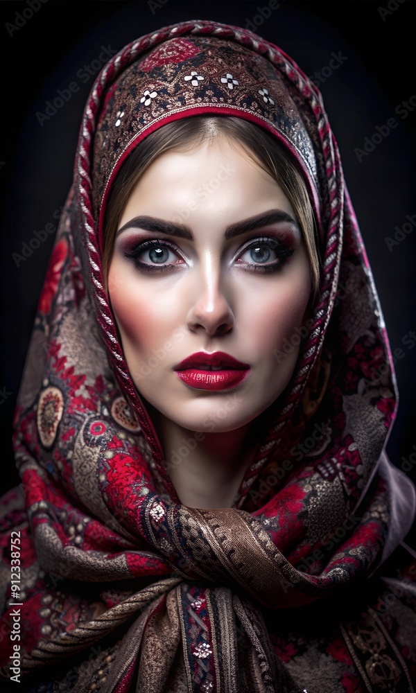 Portrait of Woman in Traditional Headscarf, Ethnic Style, Dark Background Portrait of Woman in Traditional Headscarf, Ethnic Style, Dark Background