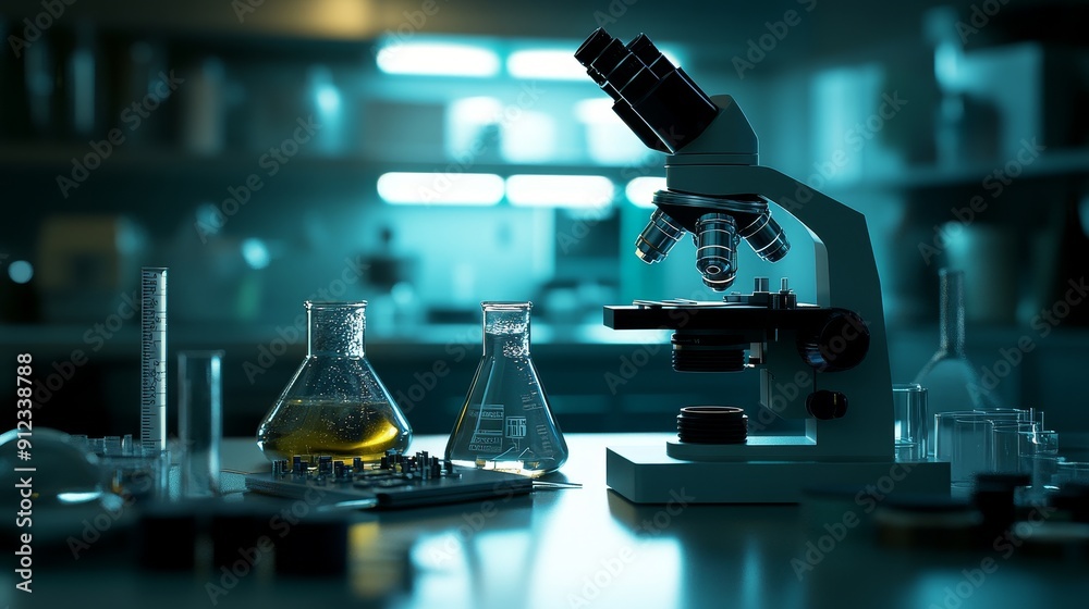 Close-up of a futuristic microscope analyzing samples in a sterile futuristic lab room. Close-up of a futuristic microscope analyzing samples in a sterile futuristic lab room.