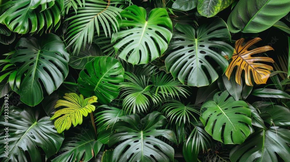 Lush tropical rainforest with dense vegetation and mist hanging in the air 