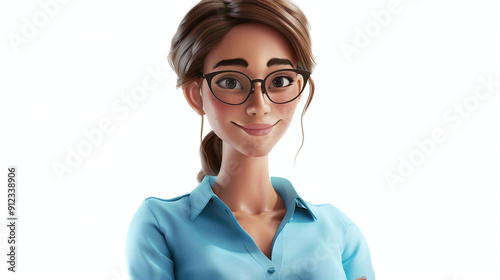 Young beautiful cartoon character business woman in blue shirt in 3d style on white background