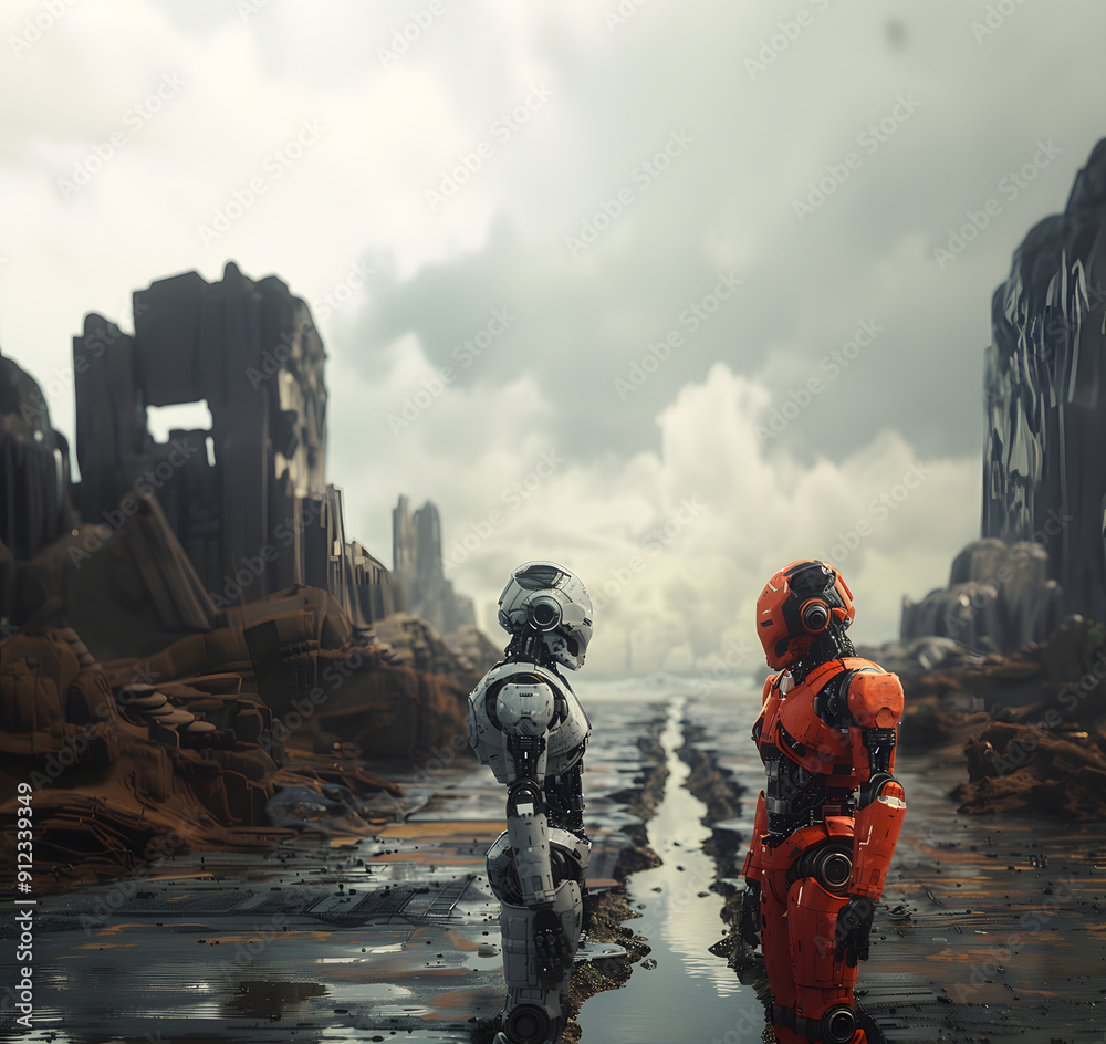 Red and White Humanoid Robots Face-to-Face in Industrial Setting Red and White Humanoid Robots Face-to-Face in Industrial Setting