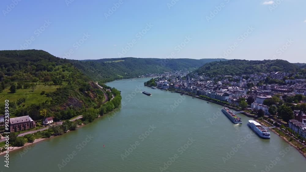Panoramic View of River Rhine Valley with Cruise Ships docked at Boppard Port Panoramic View of River Rhine Valley with Cruise Ships docked at Boppard Port
