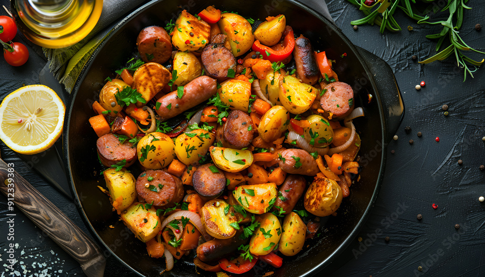 Fried potatoes with vegetables and sausages. Top view Fried potatoes with vegetables and sausages. Top view