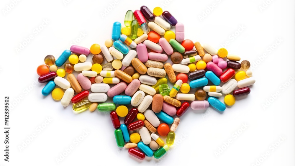 Colorful medicinal capsules and caplets of varying shapes and sizes arranged in the shape of a cross, isolated on a clean white background, symbolizing health. Colorful medicinal capsules and caplets of varying shapes and sizes arranged in the shape of a cross, isolated on a clean white background, symbolizing health.