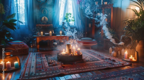 A tranquil setting with an altar adorned with candles and mystical items, surrounded by smoke and plants, creating an atmosphere for spiritual communication