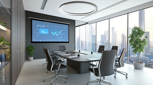 business meeting room equipped with a large screen for video conferencing, surrounded by modern office chairs