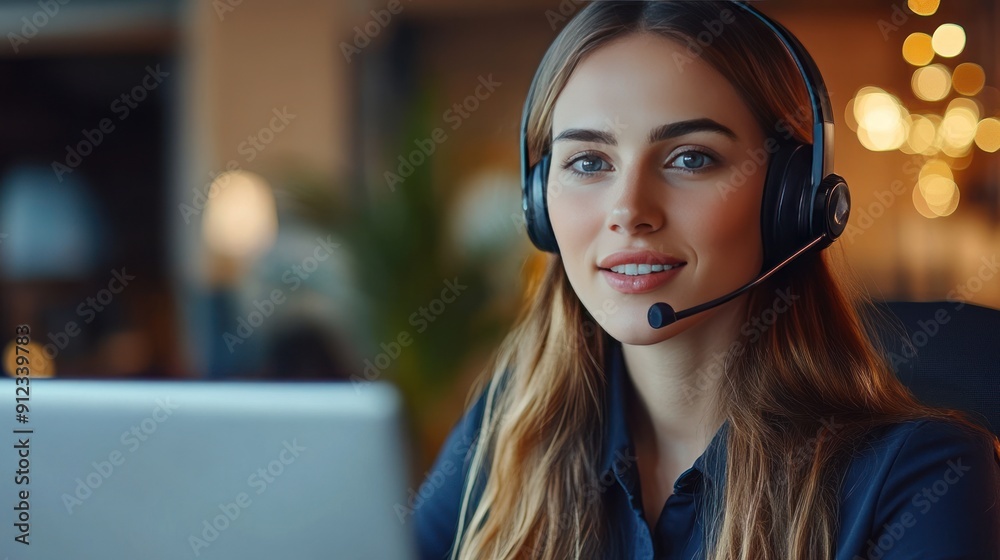 Businesswoman having web conference from office with headset and laptop open Businesswoman having web conference from office with headset and laptop open