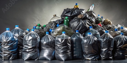 Discarded plastic bottles wrapped in dark trash bags, awaiting recycling, piled against a neutral background, highlighting the importance of responsible waste management. photo