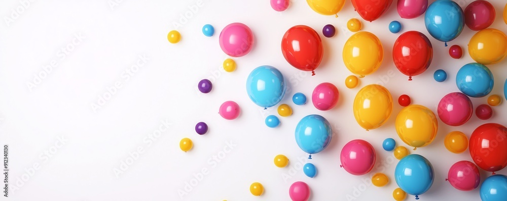 Brightly colored balloons scattered across a white background create a festive atmosphere Brightly colored balloons scattered across a white background create a festive atmosphere