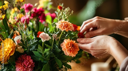 close-up of hands carefully arranging flowers in a vase, creating a beautiful centerpiece with a variety of vibrant blooms and greenery photo