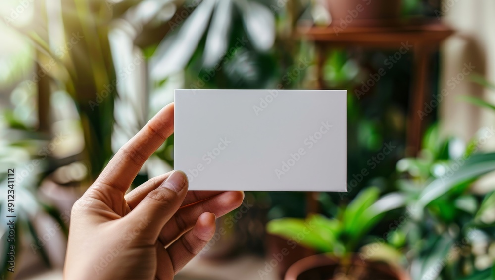 Hand Holding Blank White Card in Front of Green Plants Hand Holding Blank White Card in Front of Green Plants