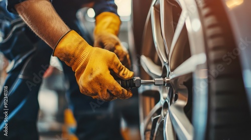 A mechanic using a tool to remove a wheel in a repair shop.