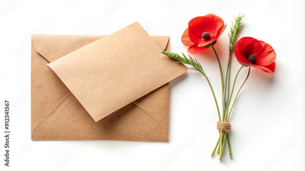 Rustic kraft envelopes and blank paper stationery on a white background, adorned with a delicate poppy stem, await personalized holiday messages and invitations. Rustic kraft envelopes and blank paper stationery on a white background, adorned with a delicate poppy stem, await personalized holiday messages and invitations.