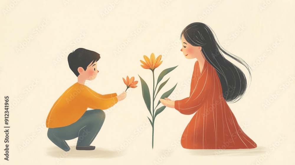 A child presents a flower to their mother in a tender moment of love A child presents a flower to their mother in a tender moment of love