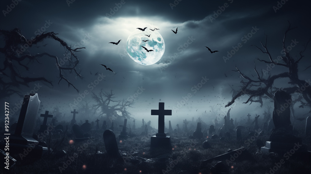 Fototapeta premium Full Moon Over Spooky Graveyard With Bats Dark and Gloomy Atmosphere