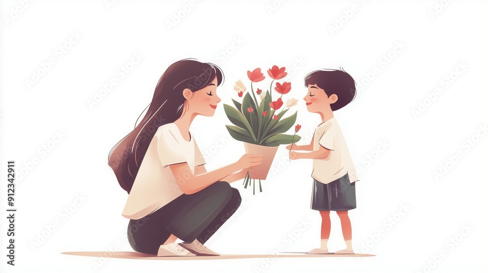 A child happily presents flowers to their mother, who is sitting down A child happily presents flowers to their mother, who is sitting down