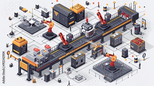 vector, illustration, flat, Smart factory isometric web banner. Smart robots hands work on assemble line, drones take production from conveyor belt for delivery. Automation process 3d vector illustrat