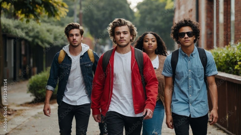 Group of diverse young people walking in one direction Group of diverse young people walking in one direction