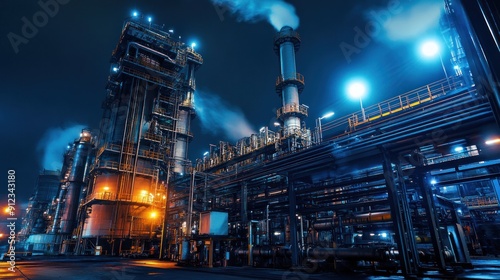 industrial plant at night, with bright lights illuminating the complex network of pipes, tanks, and structures that produce and process materials