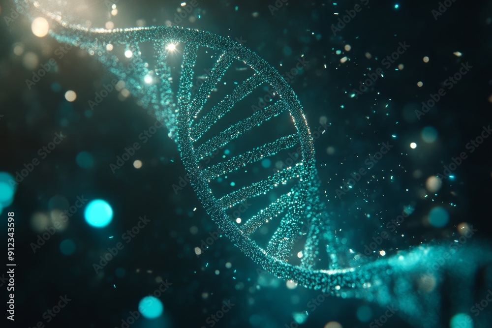 Biotechnology and genetic science concepts illustrated with an abstract DNA structure, surrounded by glowing particles Biotechnology and genetic science concepts illustrated with an abstract DNA structure, surrounded by glowing particles