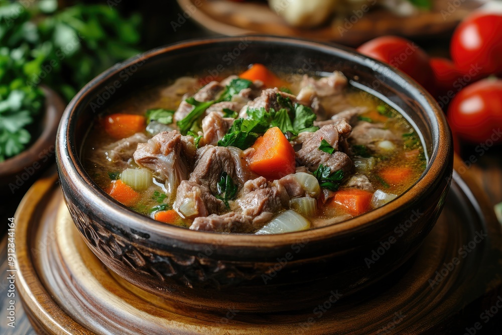 A bowl of soup with meat and vegetables. The soup is brown and has a rich color. The vegetables include carrots and celery. The bowl is placed on a wooden table A bowl of soup with meat and vegetables. The soup is brown and has a rich color. The vegetables include carrots and celery. The bowl is placed on a wooden table
