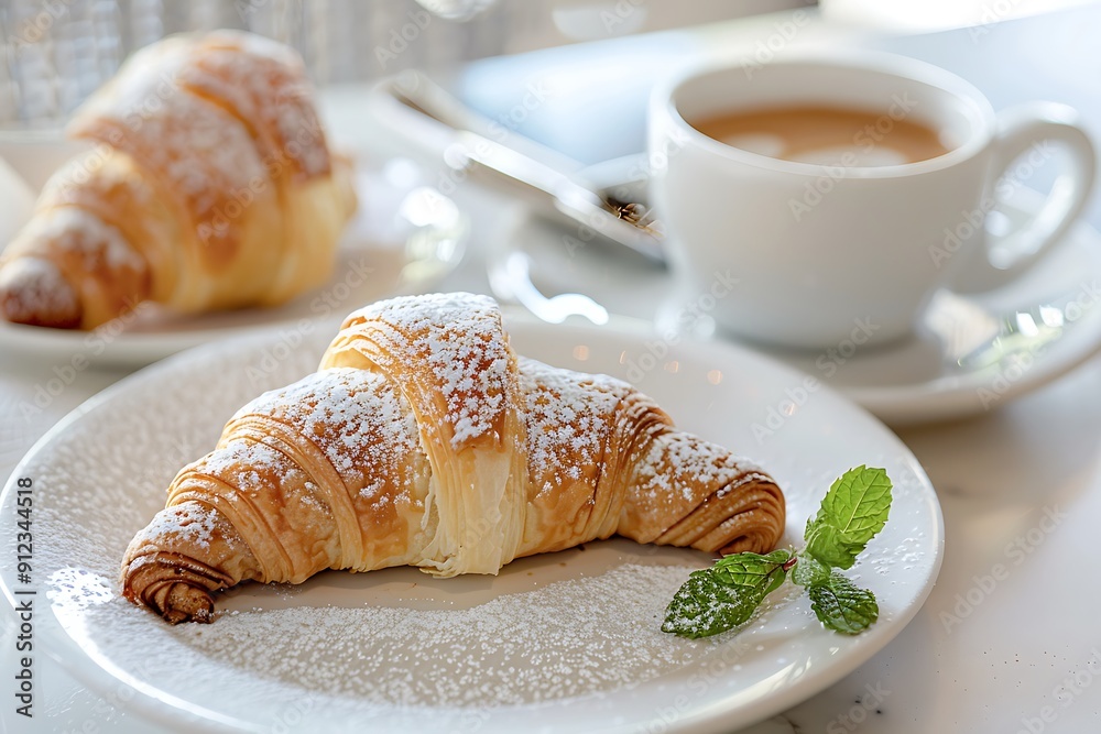 A perfectly plated croissant with delicate layers, served alongside a steaming cup of coffee, garnished with a sprig of fresh mint and a dusting of powdered sugar A perfectly plated croissant with delicate layers, served alongside a steaming cup of coffee, garnished with a sprig of fresh mint and a dusting of powdered sugar