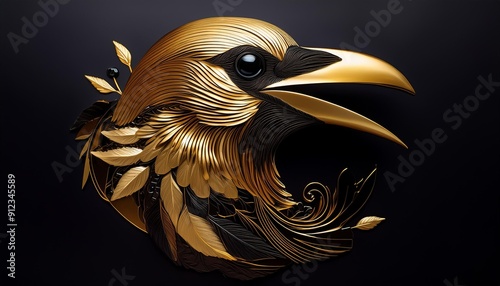 Craft a contemporary logo of a golden crow in a stylized form.