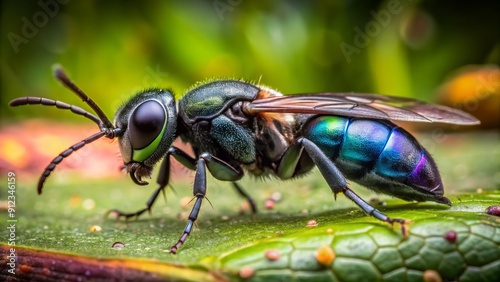 Macro shot of a rare, dark black Chalcid wasp, Brachymeria obtusata, with distinctive markings, from the Chalcididae family, showcasing its intricate details and parasitic features.