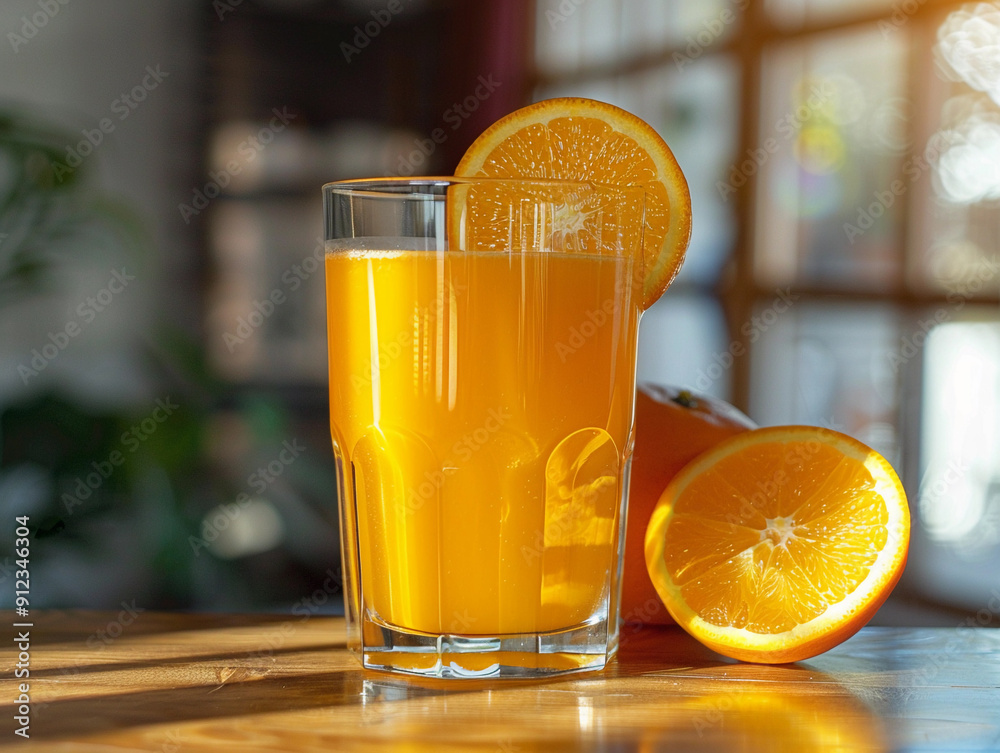 Refreshing Glass of Orange Juice on Wooden Table With Fresh Oranges in Morning Light Refreshing Glass of Orange Juice on Wooden Table With Fresh Oranges in Morning Light