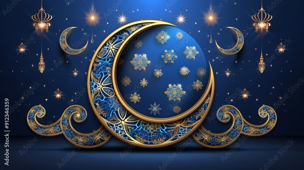 Illustration for eid al-fitr with golden crescent moon on dark blue background. beautifully ornate crescent moon with golden patterns, surrounded by stars and lanterns Illustration for eid al-fitr with golden crescent moon on dark blue background. beautifully ornate crescent moon with golden patterns, surrounded by stars and lanterns