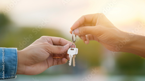 Two hands handing over a key in a natural light setting with a blurred background.