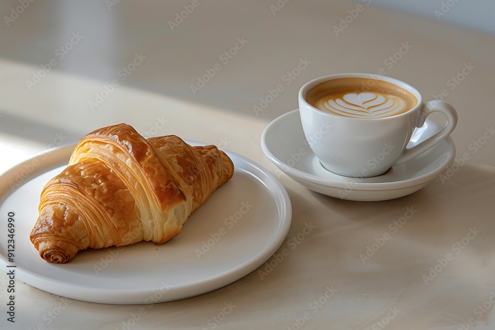 A warm croissant placed on a minimalist white plate, accompanied by a cup of rich espresso A warm croissant placed on a minimalist white plate, accompanied by a cup of rich espresso