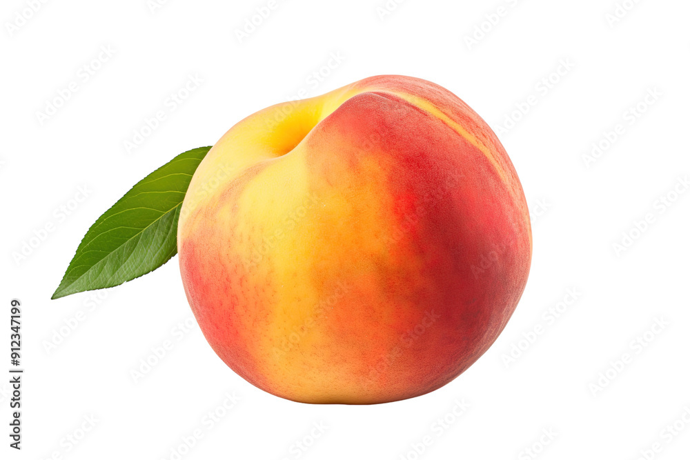 A Single Peach With a Delicate Green Leaf Against a White Background on a White or Clear Surface PNG Transparent Background A Single Peach With a Delicate Green Leaf Against a White Background on a White or Clear Surface PNG Transparent Background