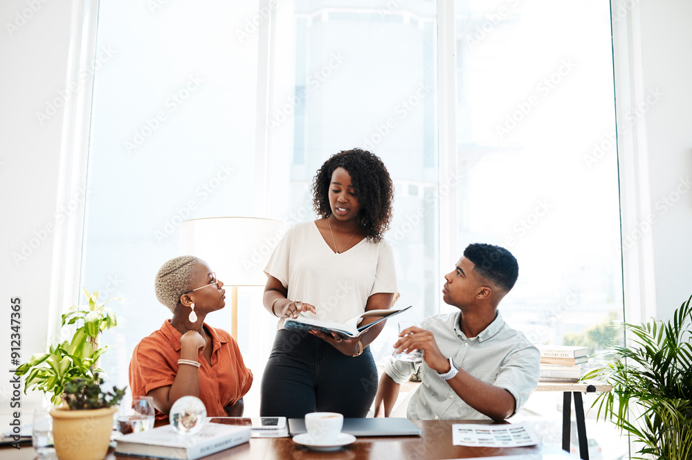 Business people, collaboration and meeting with discussion in office for market strategy, brainstorming and creative ideas. Professional, employees or teamwork with communication for planning project