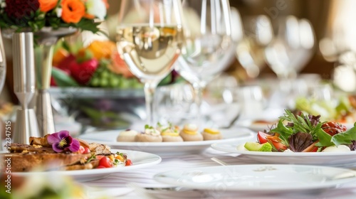 Guests enjoy a beautifully arranged dinner table with gourmet dishes and fine wine at a social gathering