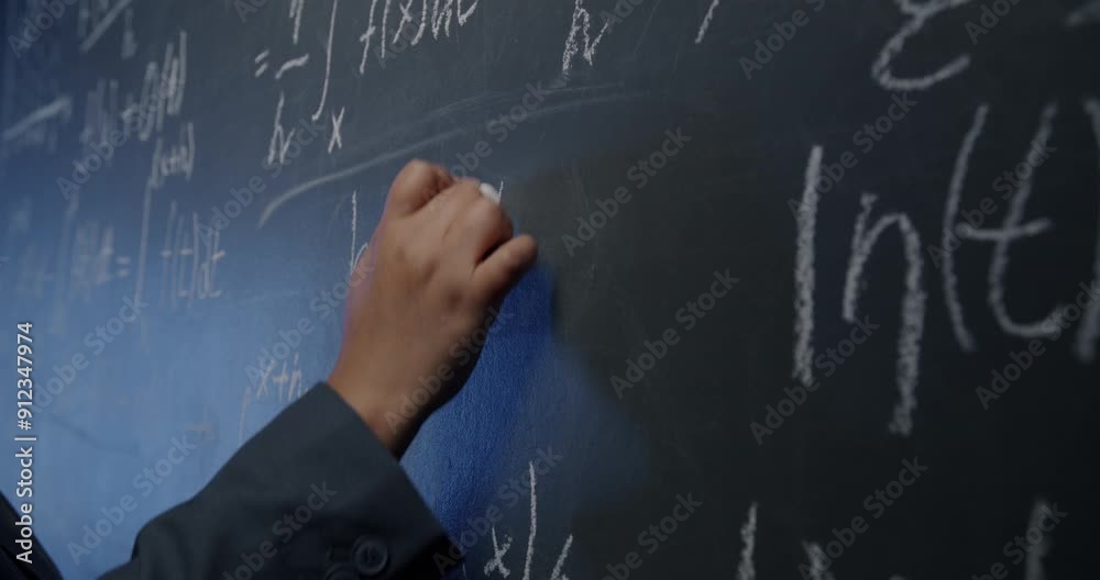 Close-up slow motion of female hand writing maths formula and numbers on chalkboard in university classroom. Science and education concept. Close-up slow motion of female hand writing maths formula and numbers on chalkboard in university classroom. Science and education concept.