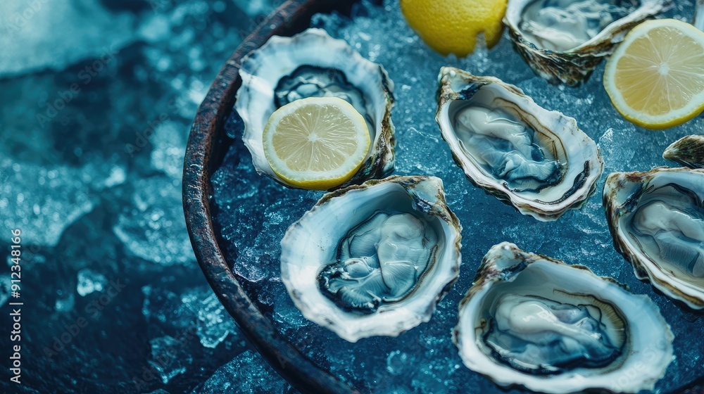 A bowl of oysters with lemon wedges on top. The bowl is filled with ice and the oysters are cold