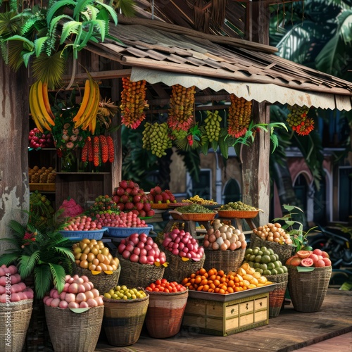 A vibrant fruit stand with various tropical fruits arranged in baskets under a wooden awning.