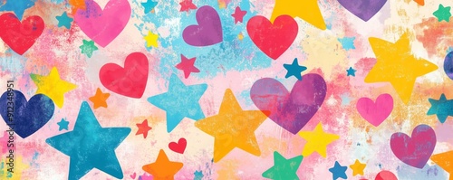 A lively background filled with colorful hearts and stars in diverse patterns