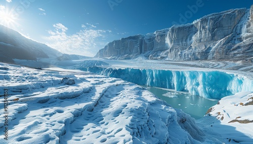 Majestic view of a glacier with icy blue crevasses and a clear sky