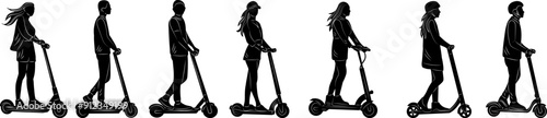 set of people riding scooter silhouette on white background, vector