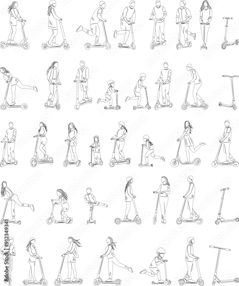 set of people riding scooters outline, sketch on white background, vector set of people riding scooters outline, sketch on white background, vector