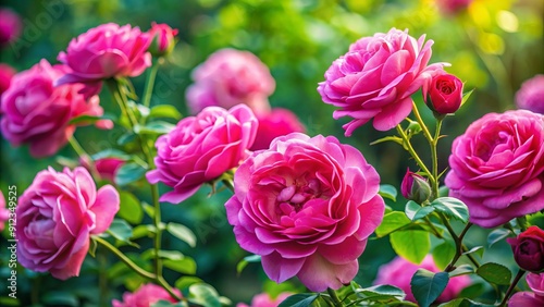 Vibrant pink roses bloom abundantly on lush green bushes, filling the serene garden with delicate petals and sweet fragrance, evoking feelings of love and tranquility.