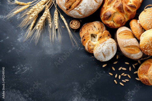 Bakery background with assorted breads and wheat on a dark table, top view. Freshly baked goods arranged for product presentation with copy space on black surface, perfect for baking concepts.